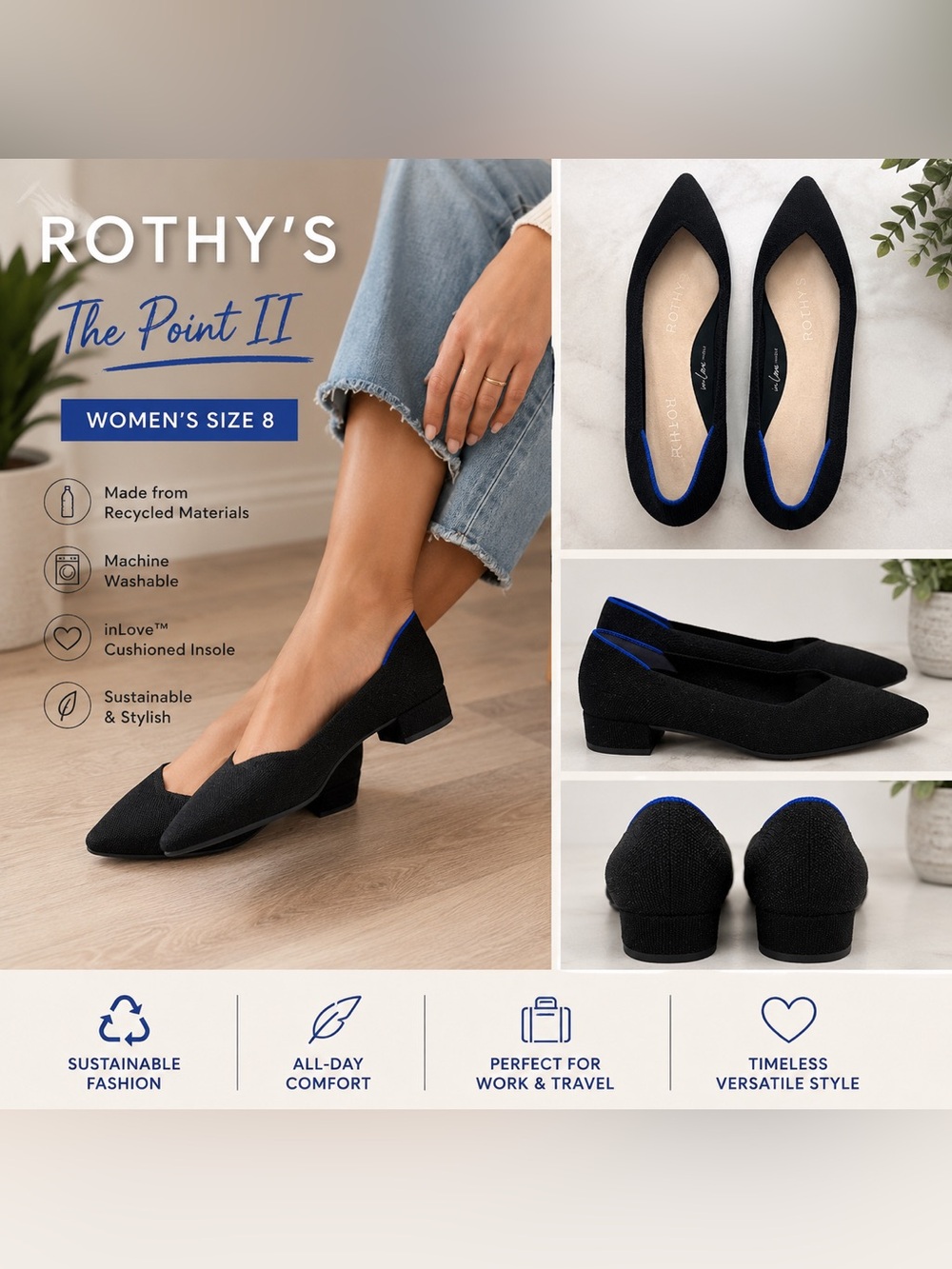 Rothy’s The Point II Knit Flats Black Blue Trim Women’s Size 8 NEW Without Box